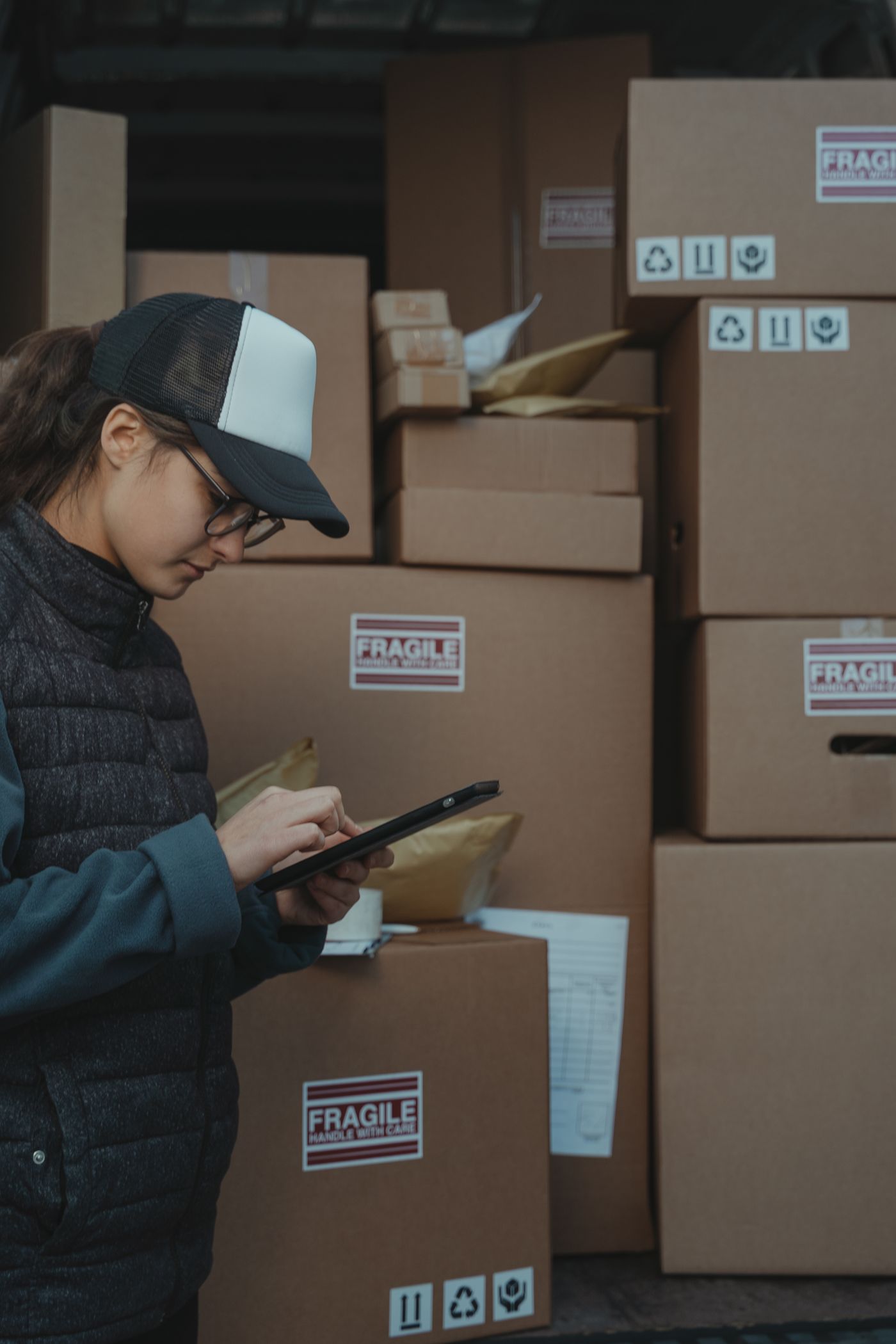 Operaria de almacén revisando el stock con una tablet junto a la mercancía, el tipo de trabajo real para el que desarrolla Rowan Tech