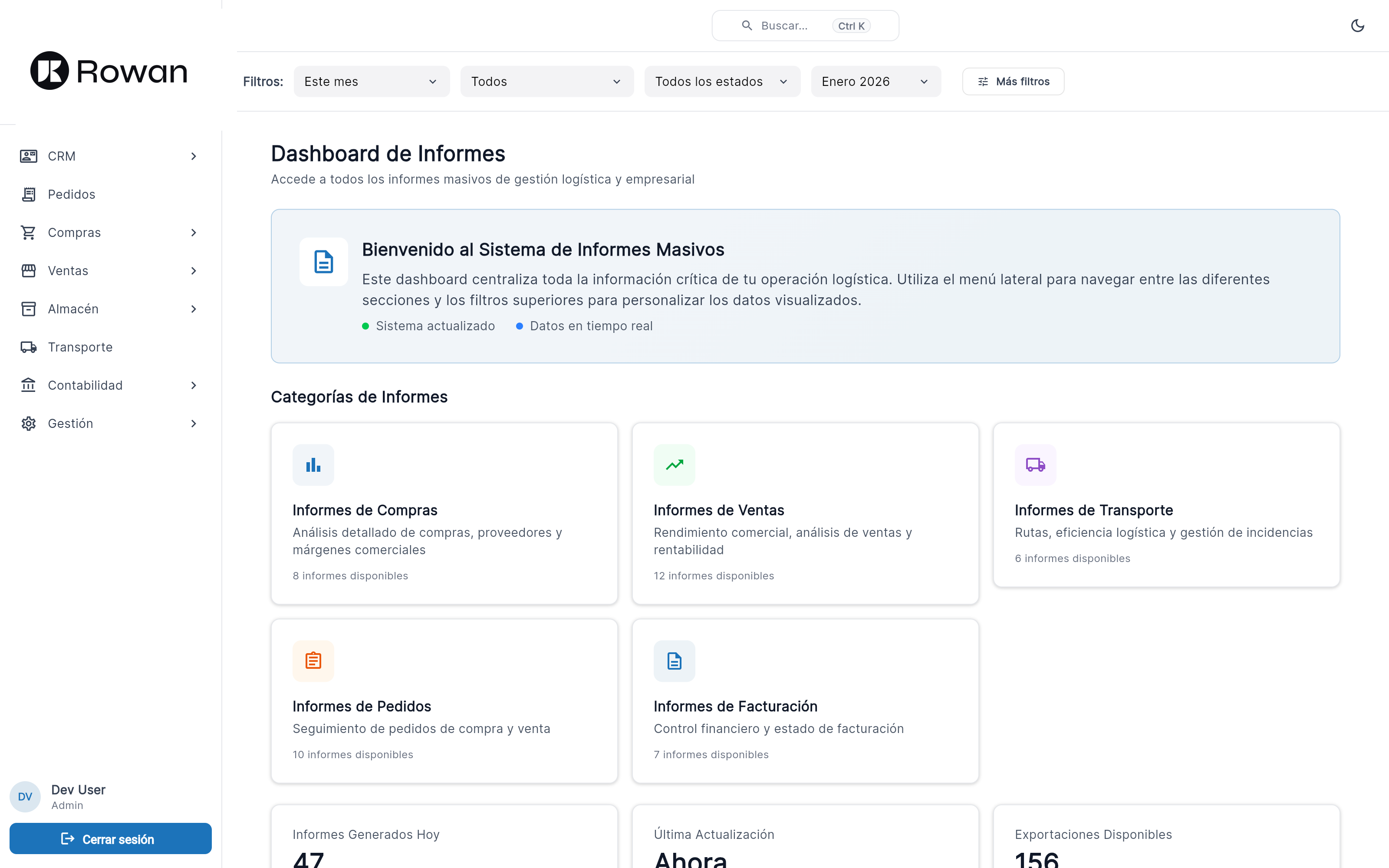 Panel de control de Rowan ERP: dashboard de informes con categorías (compras, ventas, transporte, pedidos, facturación), filtros y menú de módulos (CRM, pedidos, compras, ventas, almacén, transporte, contabilidad)