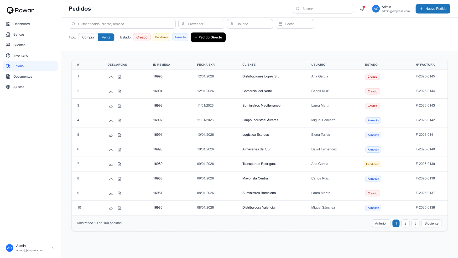 Rowan ERP: pantalla de pedidos de compra y venta con filtros por tipo, estado y proveedor, y número de factura asociado
