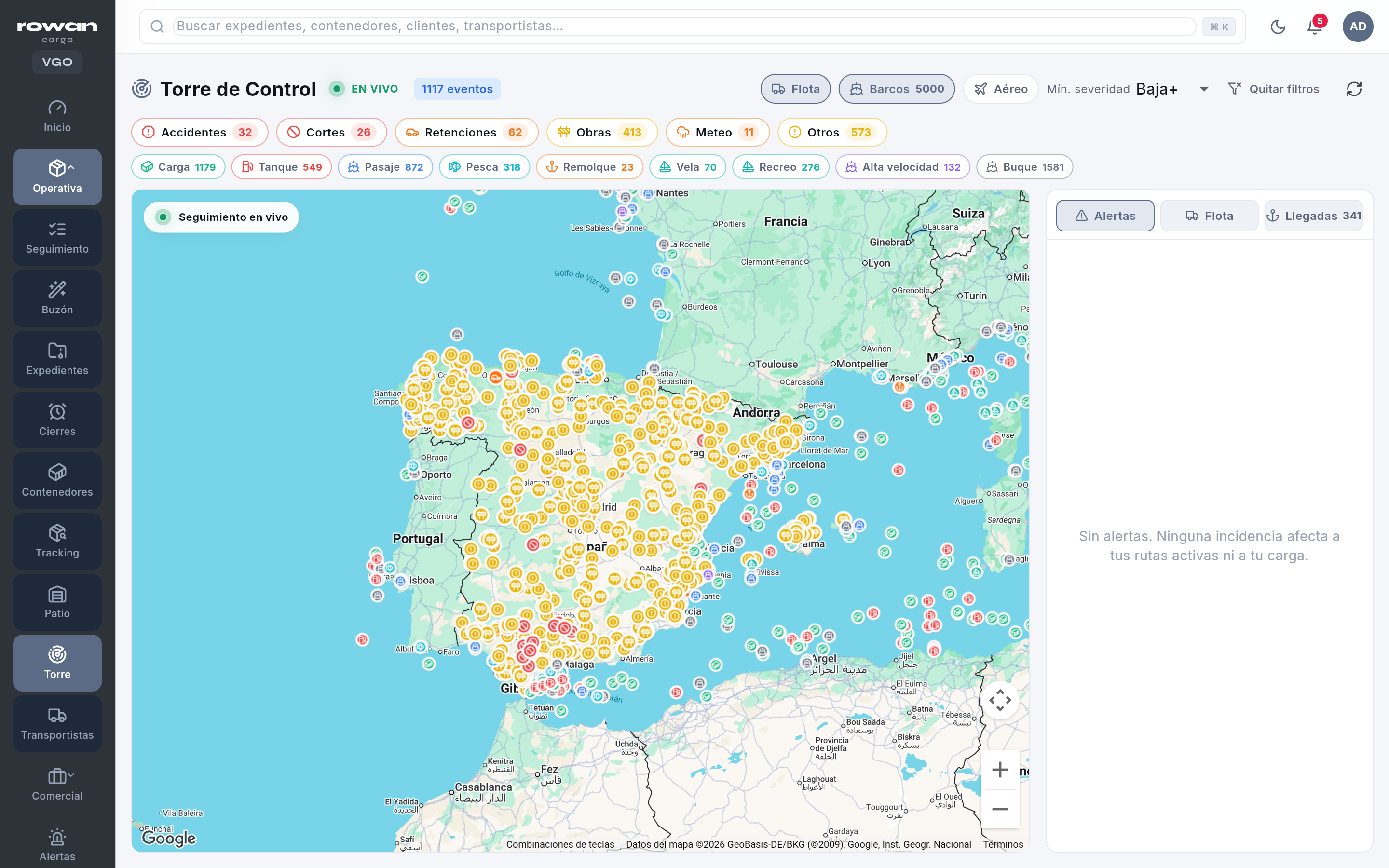 Torre de control de Rowan Cargo: mapa en vivo con barcos e incidencias de tráfico, 1.117 eventos, filtros por tipo de barco y panel de alertas y llegadas