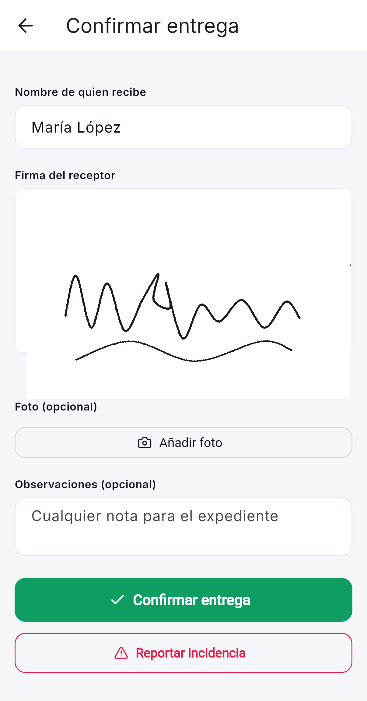 App de Rowan Rutas: pantalla 'Confirmar entrega' con nombre de quien recibe y firma manuscrita del receptor con validez legal