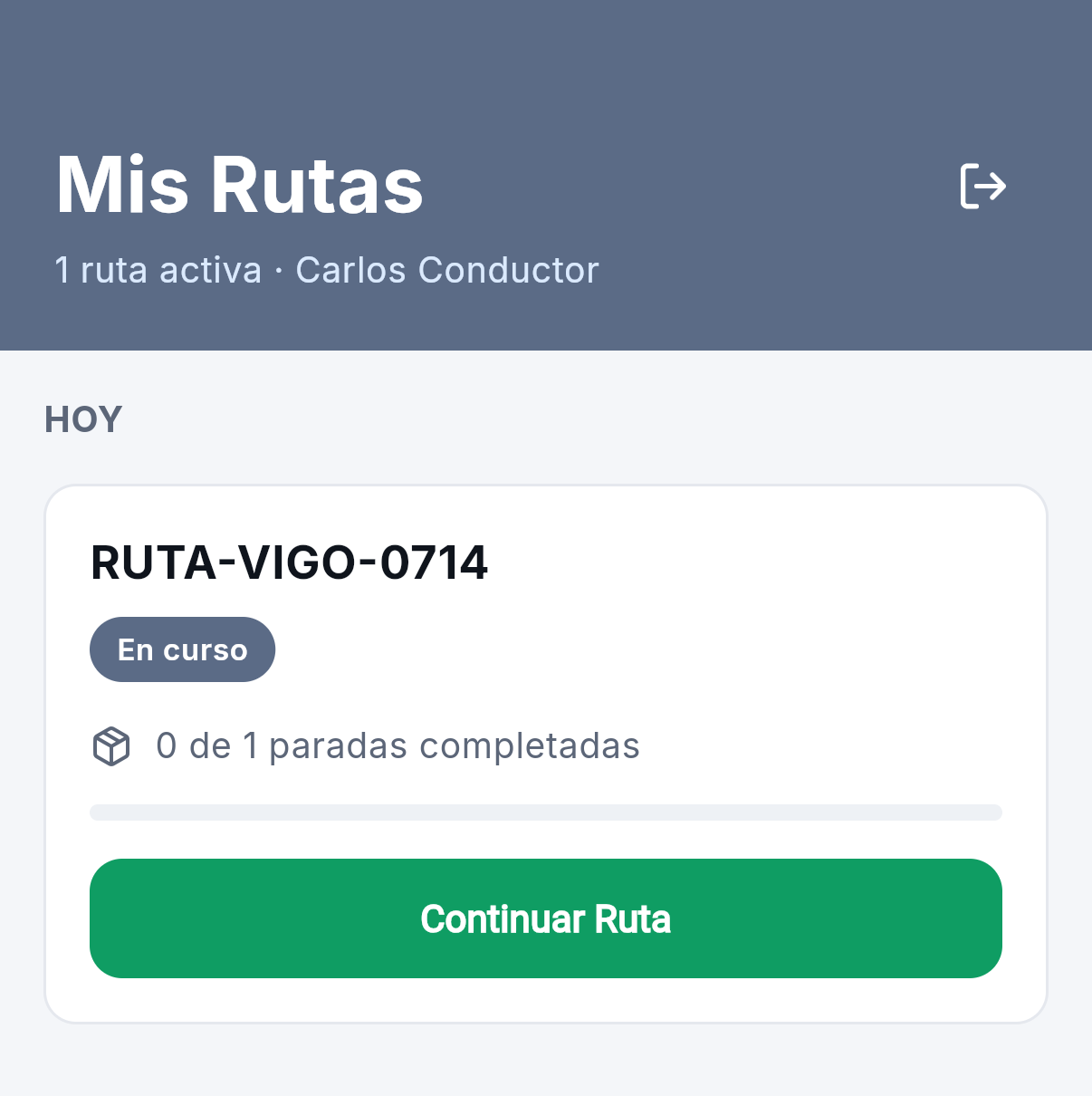 App de Rowan Rutas para el conductor: pantalla 'Mis rutas' con la ruta del día en curso y sus paradas
