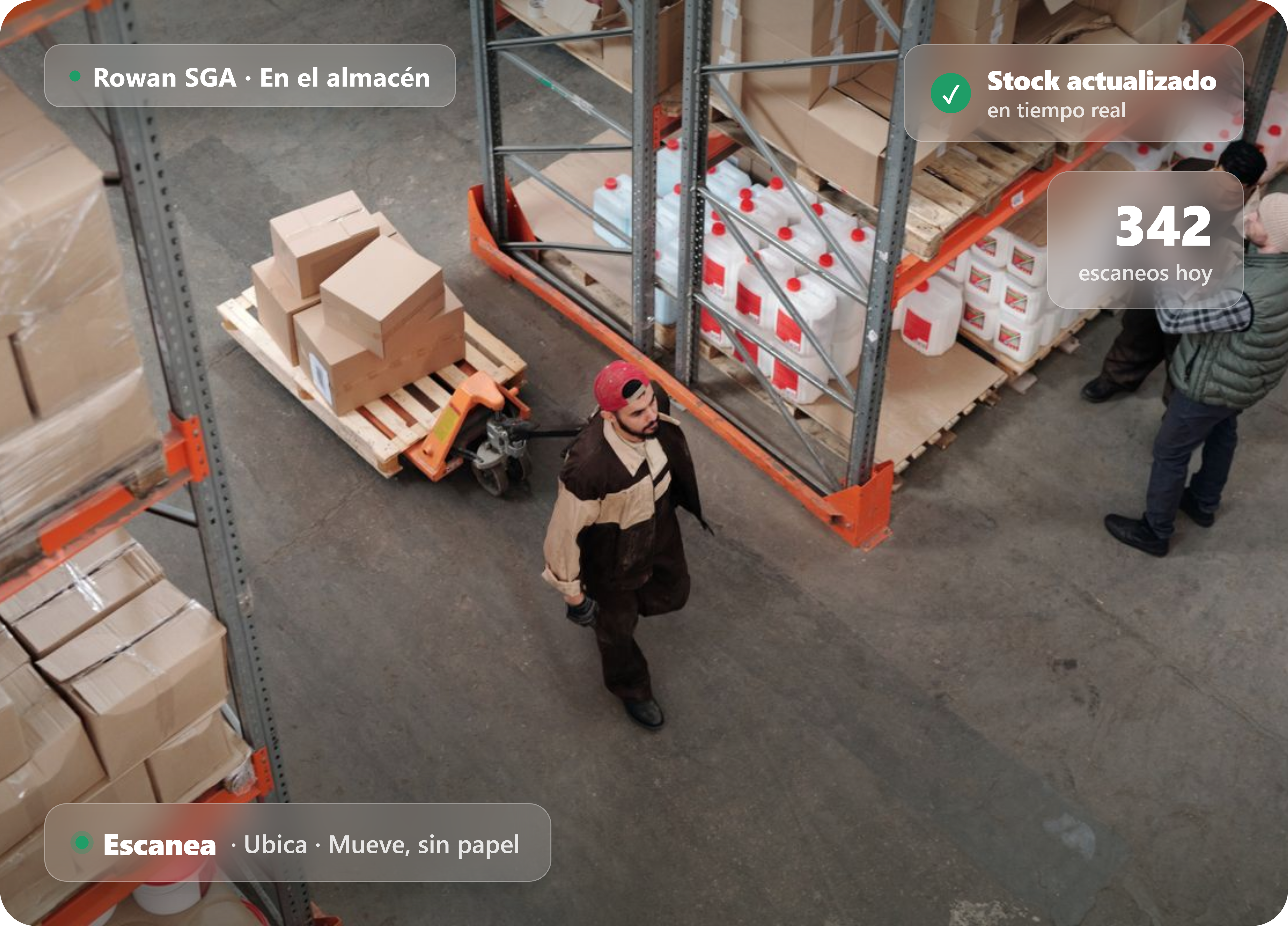 App de Rowan SGA en el almacén: el operario escanea la ubicación A‑12‑04 (Cemento gris 25 kg) con entradas, salidas y recuento, y el stock se actualiza en tiempo real